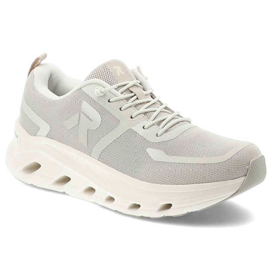 Sneakersy damskie Rieker, nowoczesna forma z lekkiej oddychającej cholewki zapewniająca wygodę amortyzowana podeszwa sportowy charakter, szare, W3504