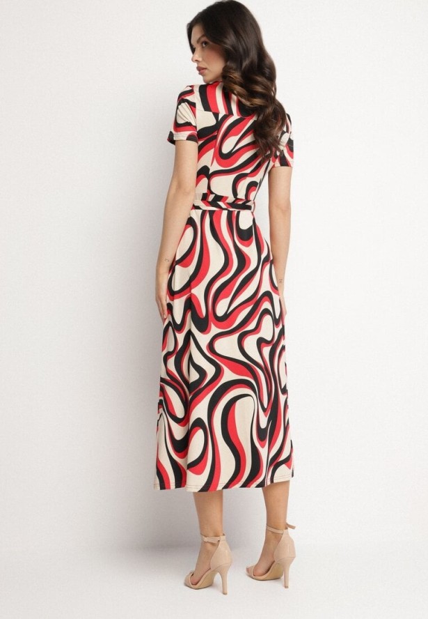 Czerwona Sukienka Koszulowa w Geometryczny Wzór z Paskiem Zimorae