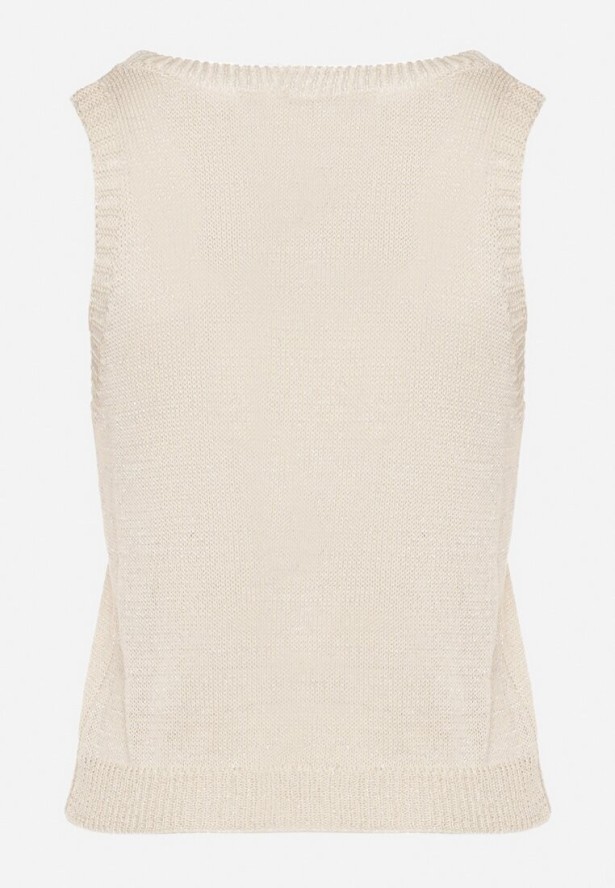 Beżowa Bluzka Bez Rękawów z Dzianiny z Wiskozy z Metaliczną Nicią Alamaris
