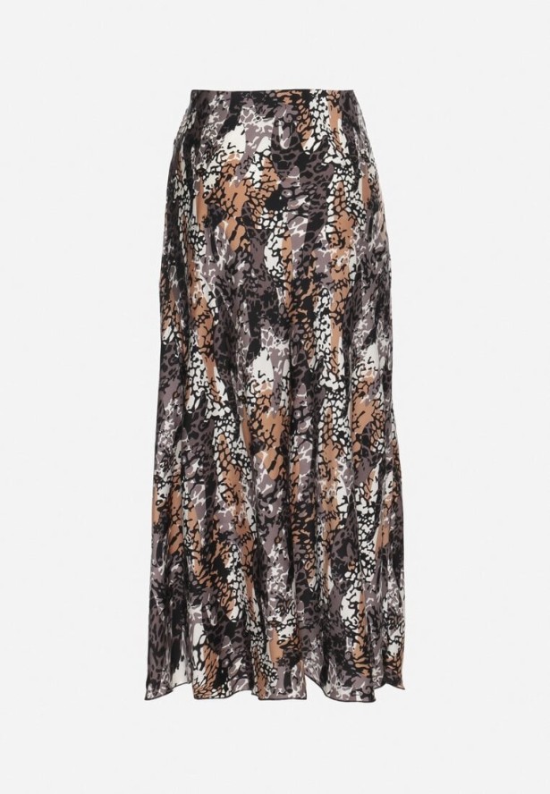 Szaro-Beżowa Wiskozowa Spódnica z Wysokim Stanem i Abstrakcyjnym Wzorem Rinalisa