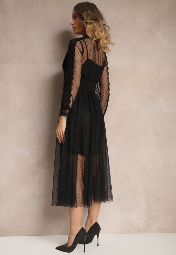 Czarna Rozkloszowana Sukienka Midi z Tiulu z Koronką Rislaine