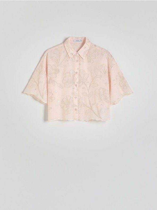 Bawełniana koszula z haftem - pastelowy róż