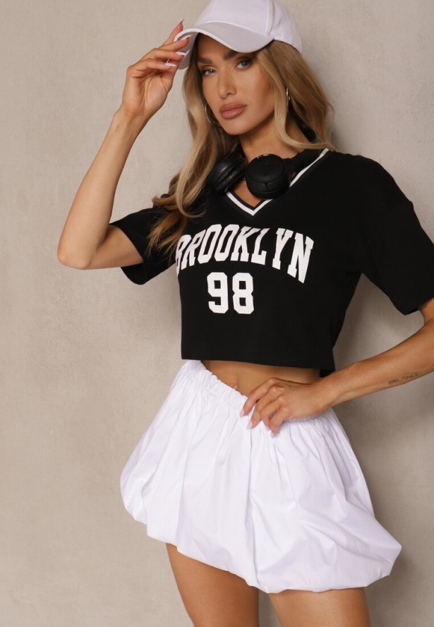 Czarny T-shirt z Bawełny Ozdobiony Napisem Lireline