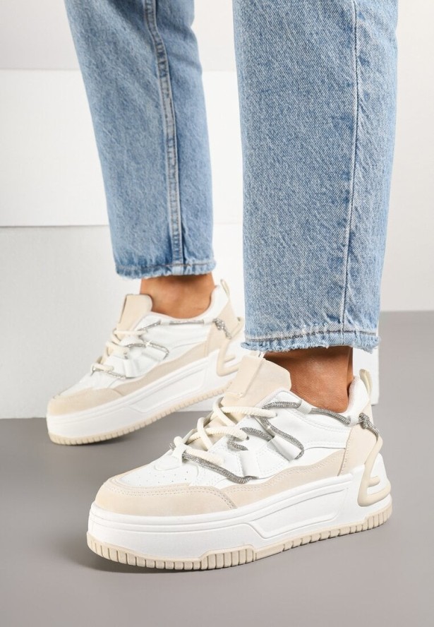 Biało-Beżowe Sneakersy na Platformie z Paskiem z Cyrkonii Aneolin
