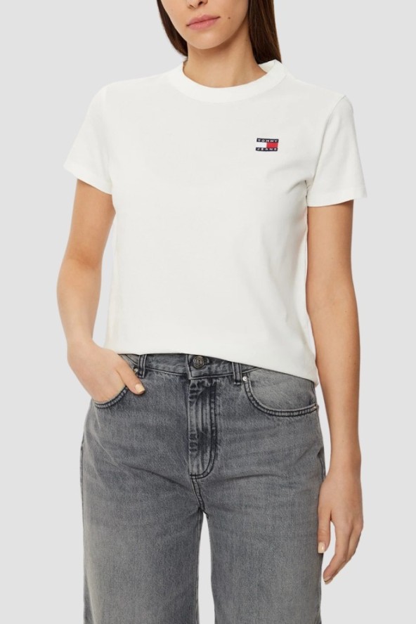 TOMMY JEANS Beżowy damski t-shirt z małym logo, Rozmiar L