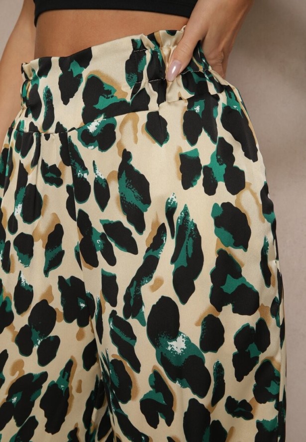 Zielono-Beżowe Panterkowe Spodnie o Szerokim Kroju Paper Bag High Waist Saliandra