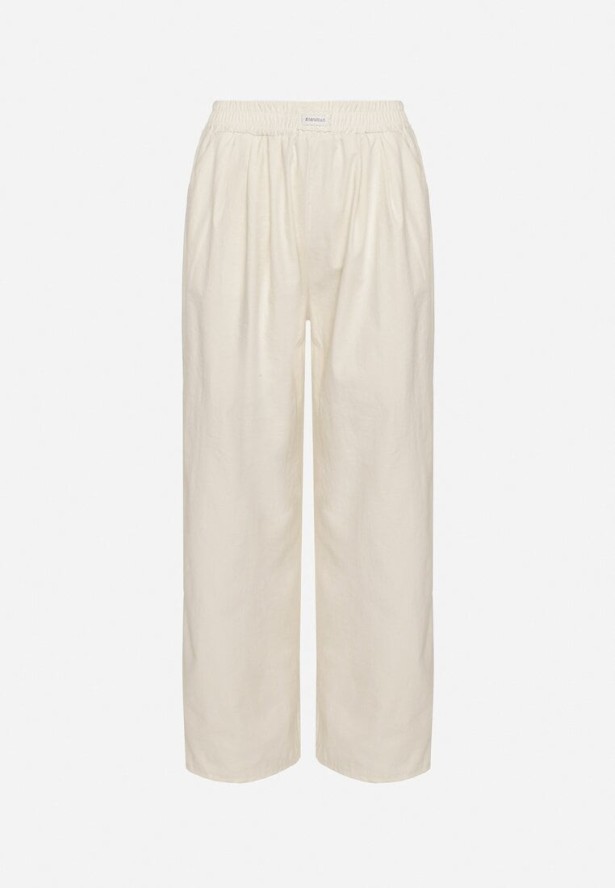 Jasnobeżowe Szerokie Spodnie z Bawełną Wysokim Stanem i Naszywką Nannirea