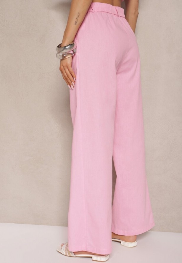 Różowe Szerokie Spodnie High Waist z Bawełny z Gumką w Talii Nalilva