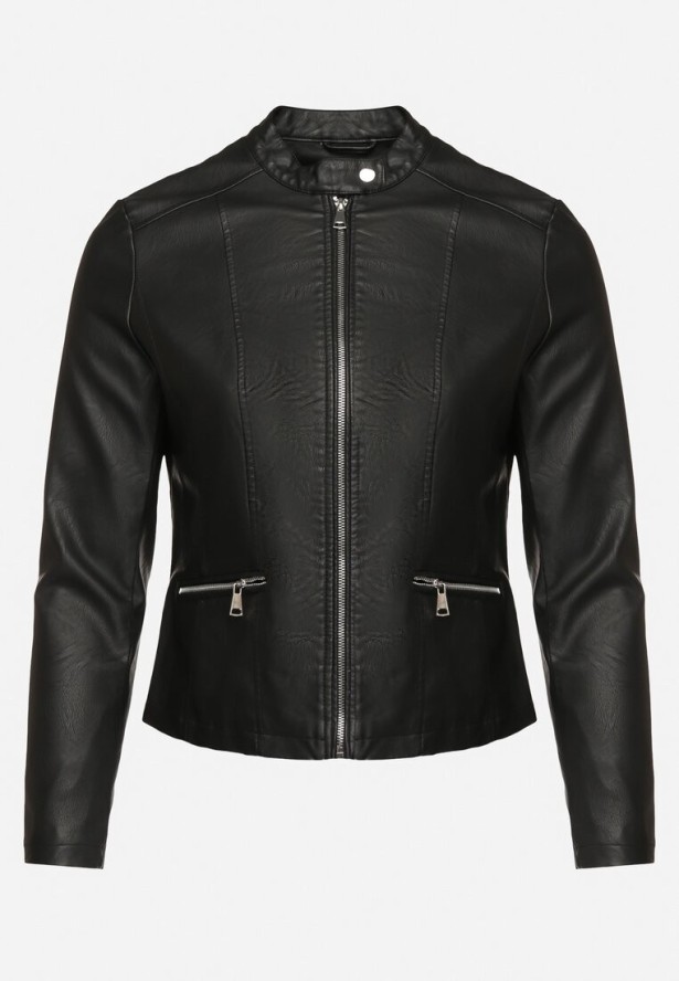 Czarna Kurtka Ramoneska Ozdobiona Paskiem pod Szyją Milvezia