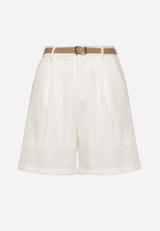 Jasnobeżowe Eleganckie Szorty z Wiskozą z Dodatkowym Paskiem z Klamrą Resella