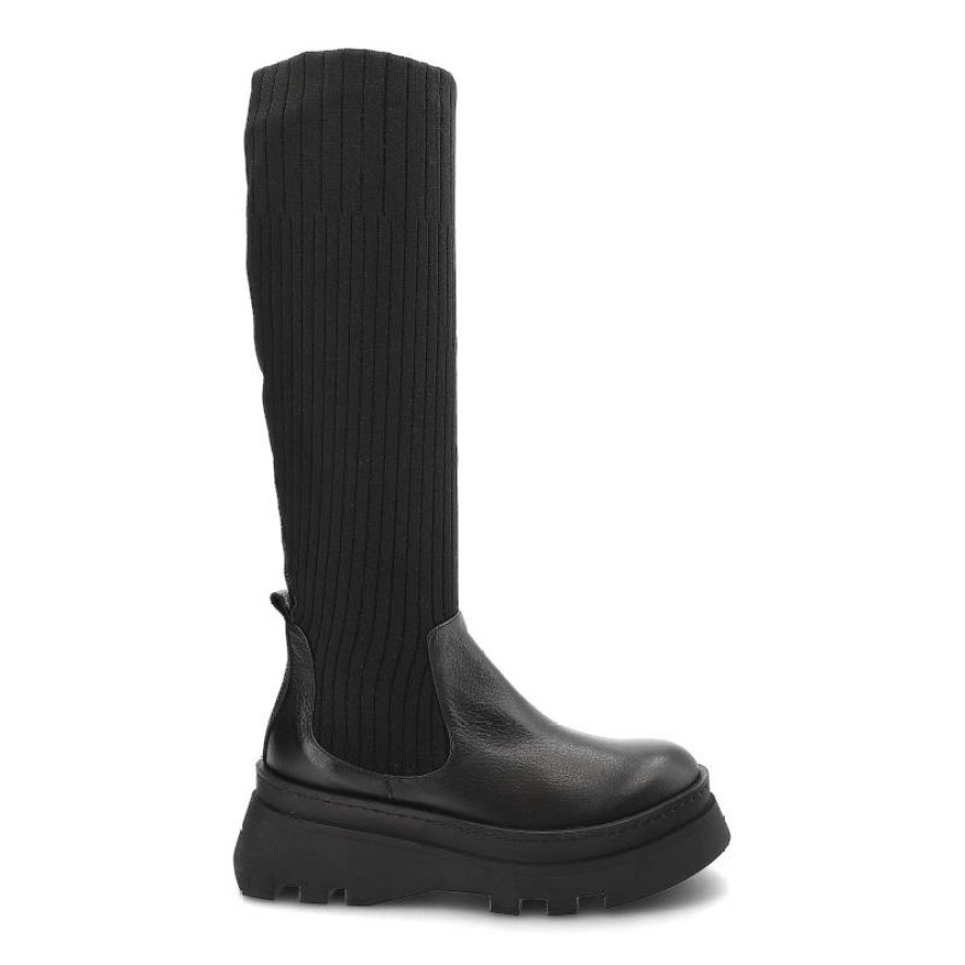 Kozaki damskie Artiker, wysoka elastyczna cholewka z dzianiny dolna część ze skóry wsuwana konstrukcja, black, 49C0850