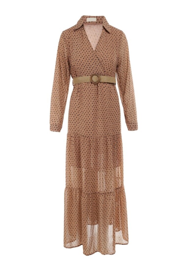 Ciemnobeżowa Sukienka Z Paskiem Deinene