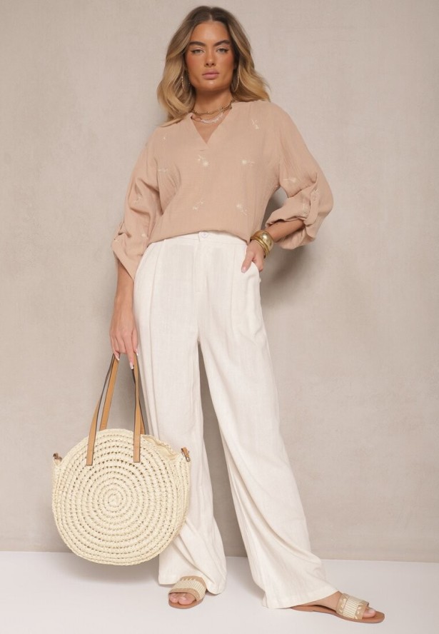 Ciemnobeżowa Bluzka z Bawełny z Dekoltem w Kształcie Litery V i Kwiatowym Haftem Lisorella