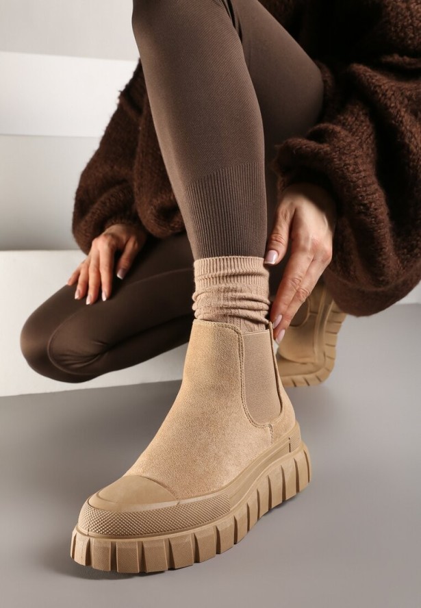 Beżowe Botki Sztyblety na Platformie Velar