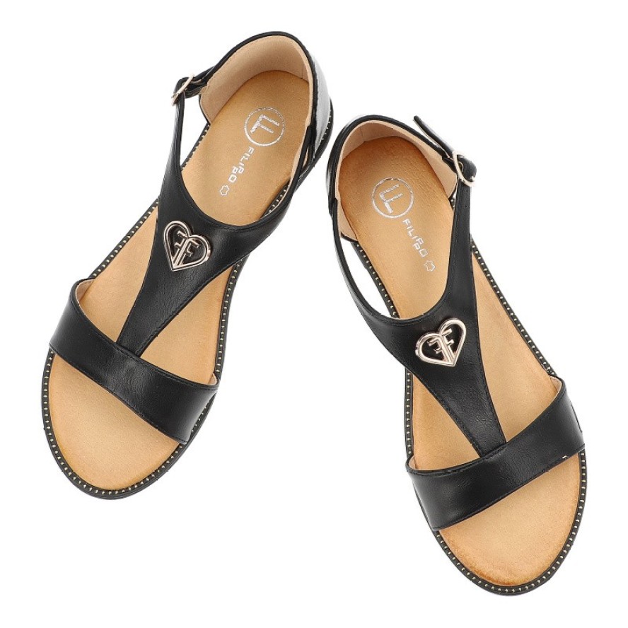 Sandały damskie Filippo, z ozdobą z eko skóry na płaskim obcasie eleganckie, czarne, DS6914-25-BK