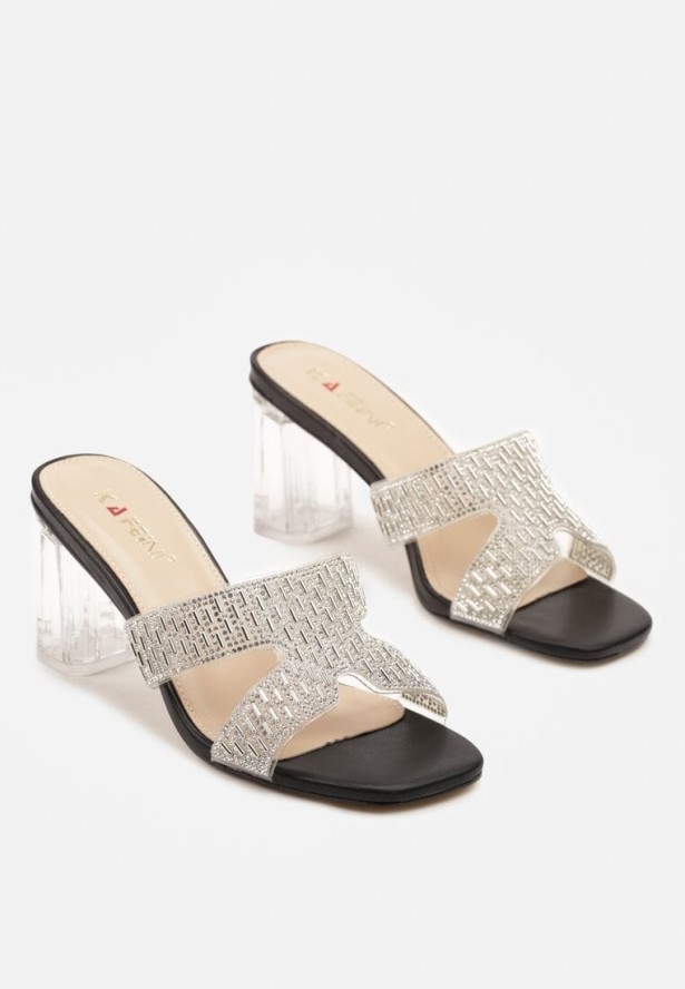 Czarne Klapki na Transparentnym Obcasie Typu Słupek Zdobione Cyrkoniami Alimalla