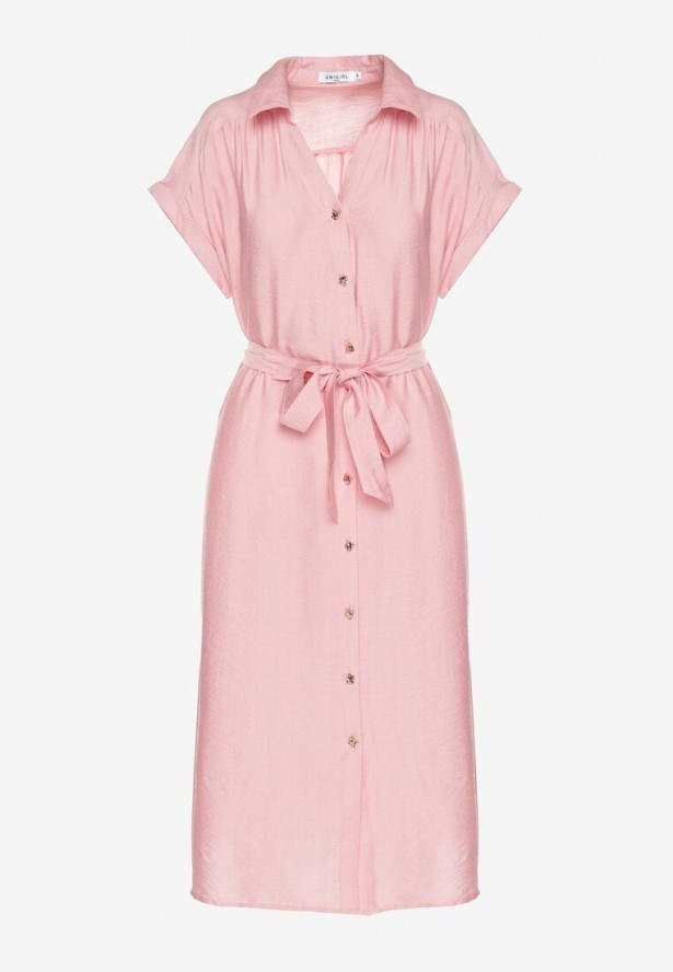 Różowa Wiskozowa Sukienka Koszulowa z Paskiem Rinaruna