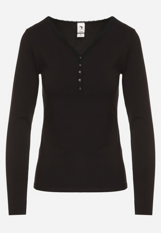 Czarna Bawełniana Bluzka z Trójkątnym Dekoltem i Guziczkami Elfia