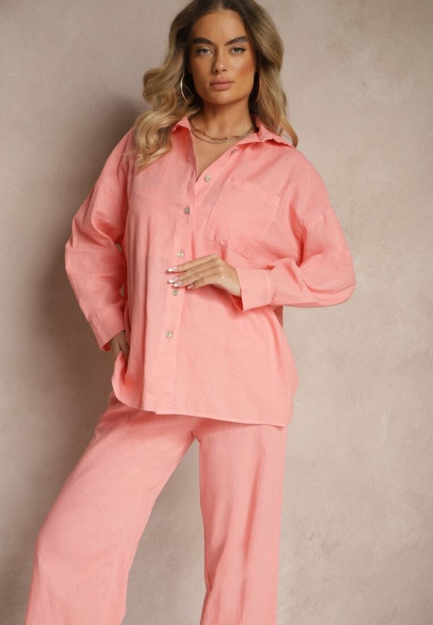 Jasnoróżowy Komplet z Lnem Koszula i Spodnie o Szerokim Kroju Renavine