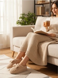 Prążkowane kapcie z ozdobną kokardką - beżowy