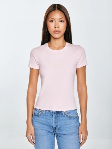 Koszulka damska w prążek z haftem różowa Clarsa 600