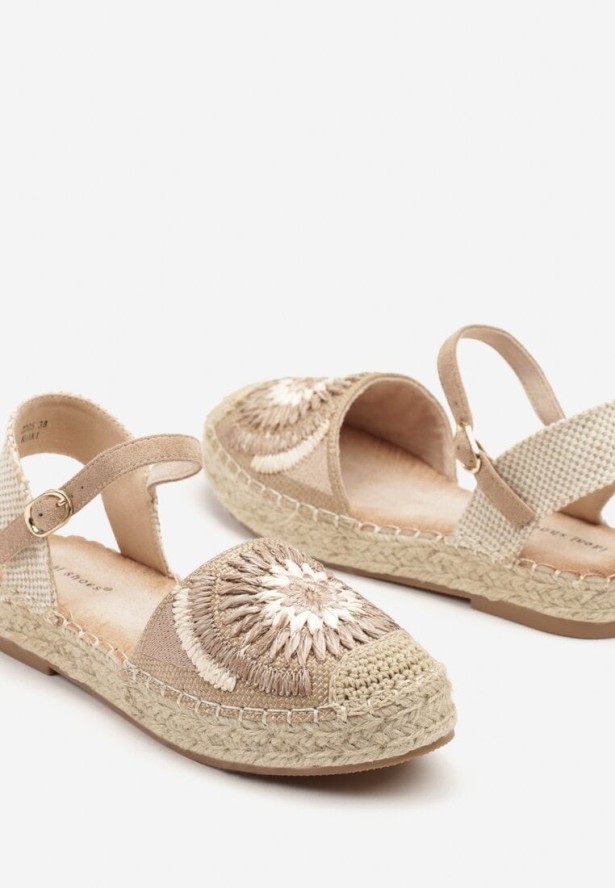 Ciemnobeżowe Sandały Espadryle z Odkrytą Piętą Zdobione Plecionką Morianis