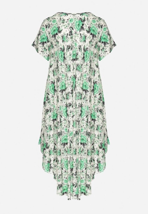 Zielona Sukienka Bawełniana z Asymetrycznym Dołem w Kwiatki Nativienne