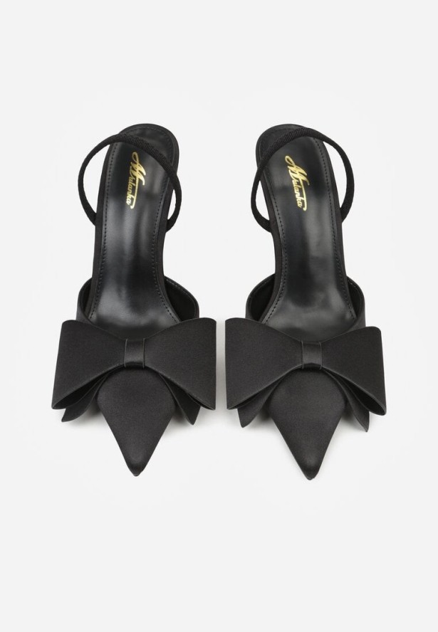 Czarne Satynowe Sandały na Szpilce z Odkrytą Piętą i Kokardą Shiriniana