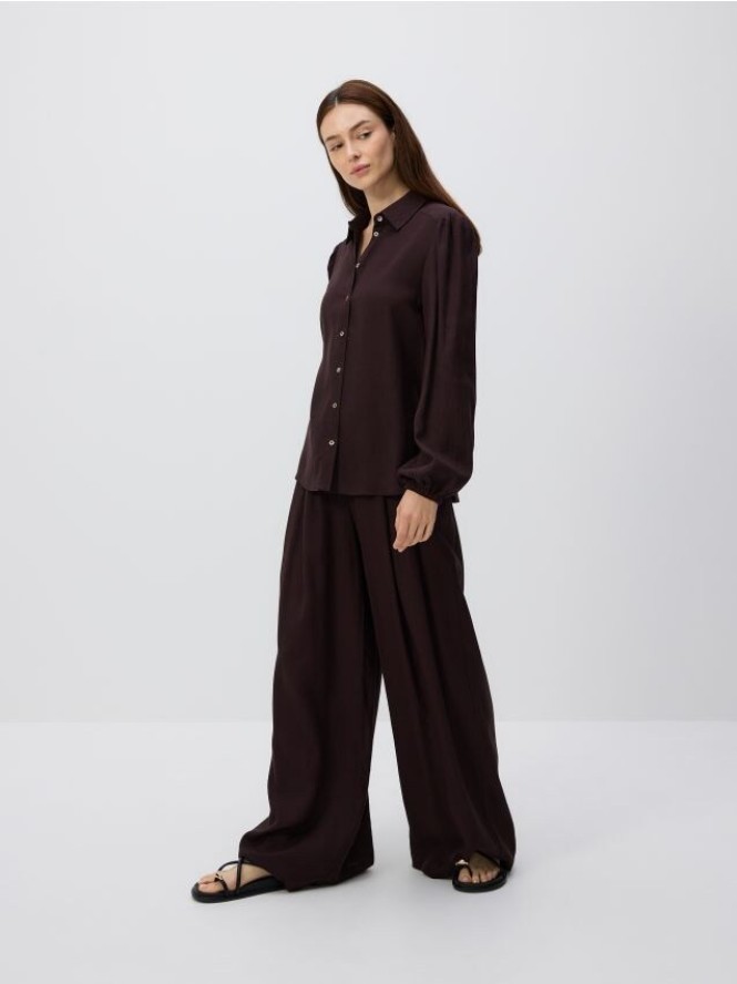 Szerokie spodnie z dodatkiem lnu - ciemnobrązowy