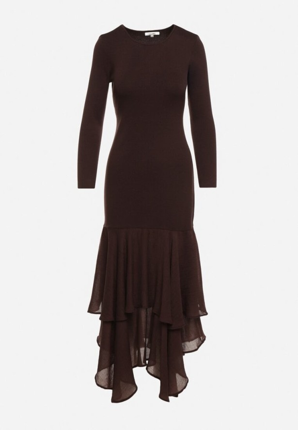 Brązowa Sukienka z Wiskozą o Dopasowanym Kroju z Falbanami u Dołu Vebmara