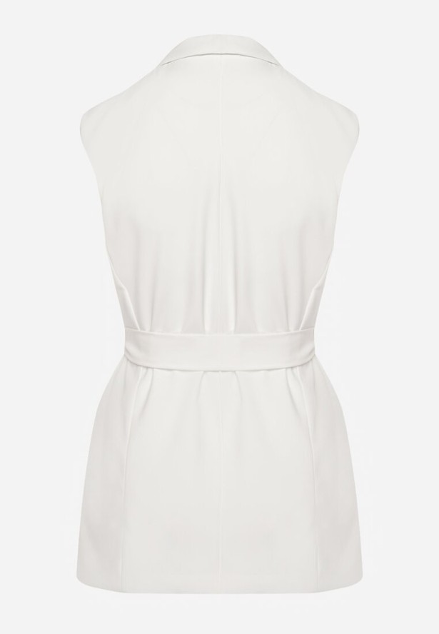 Biała Elegancka Kamizelka Stylizowana na Wiązaną Marynarkę Bez Rękawów Qirama