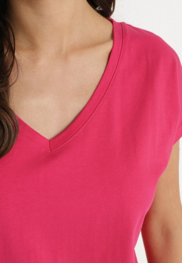 Fuksjowy Bawełniany T-shirt z Trójkątnym Dekoltem Linarosea