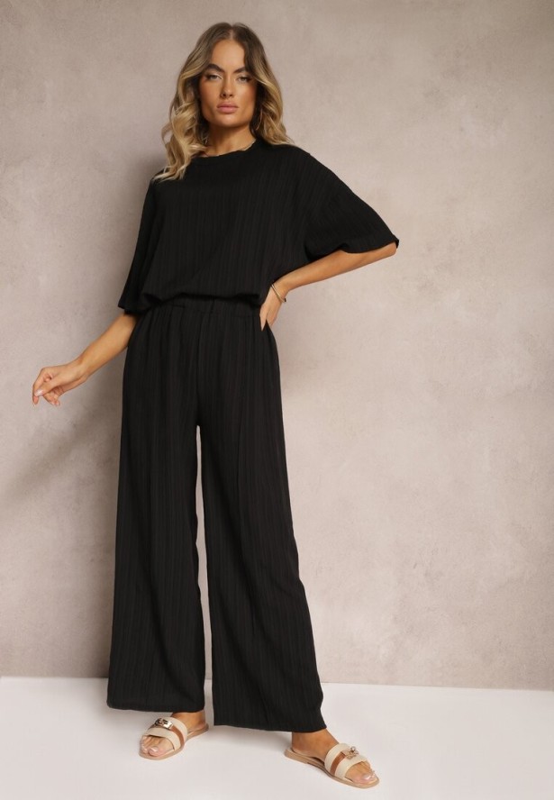 Czarny Oversizowy Komplet z Wiskozą Luźna Bluzka i Proste Spodnie Varlivia