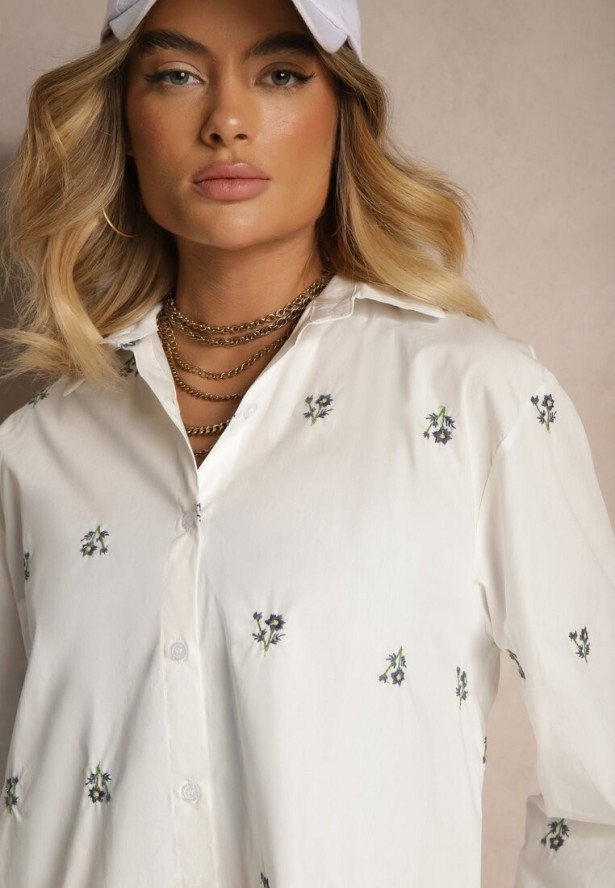 Biały Komplet Szorty i Koszula z Wiskozy i Bawełny w Haftowane Małe Kwiaty Olirwena
