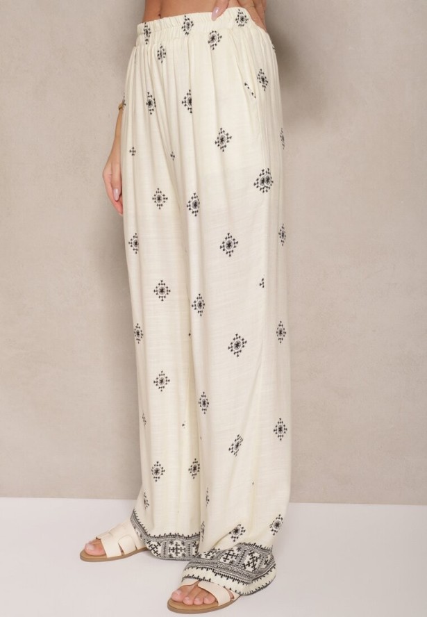 Jasnobeżowy Wiskozowy Komplet Bluzka z Kołnierzykiem i Spodnie o Szerokim Kroju Janovaria