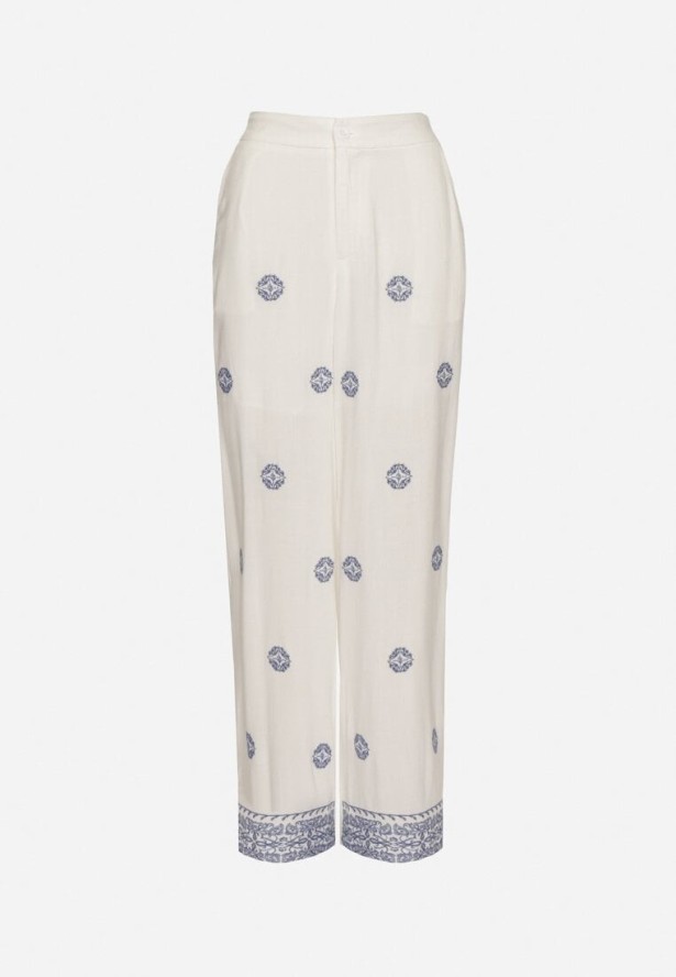 Białe Szerokie Spodnie z Lnem Wiskozą i Wysokim Stanem Ozdobione Haftem Borilna