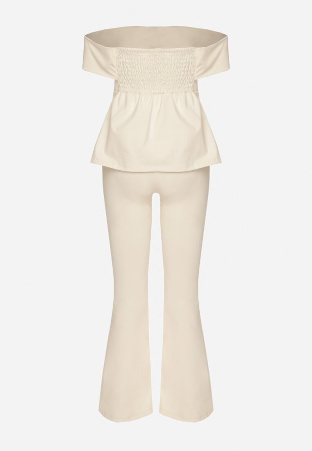 Beżowy Komplet Garniturowy Bluzka Hiszpanka z Guzikami i Spodnie Dzwony Yaskio