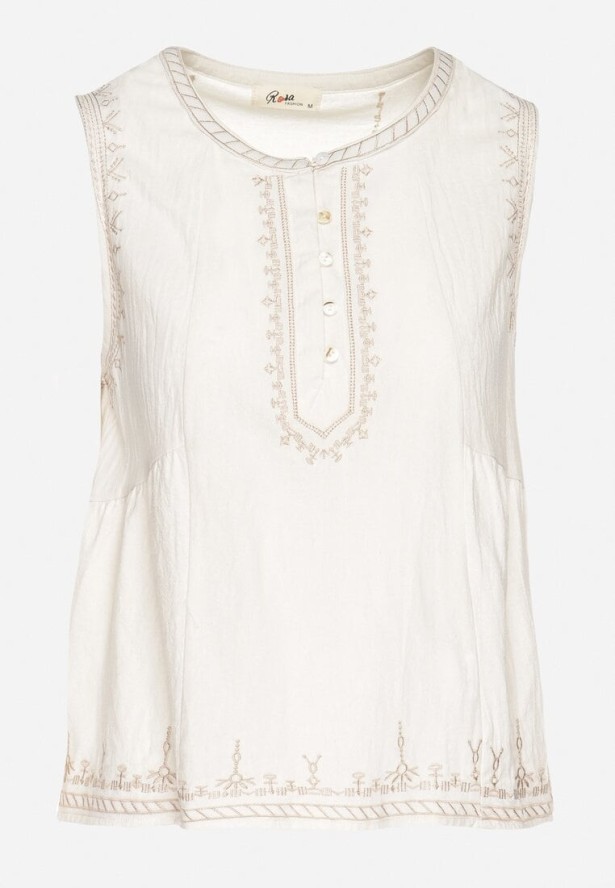 Jasnobeżowa Bawełniana Bluzka Bez Rękawów z Baskinką i Haftem Koritara