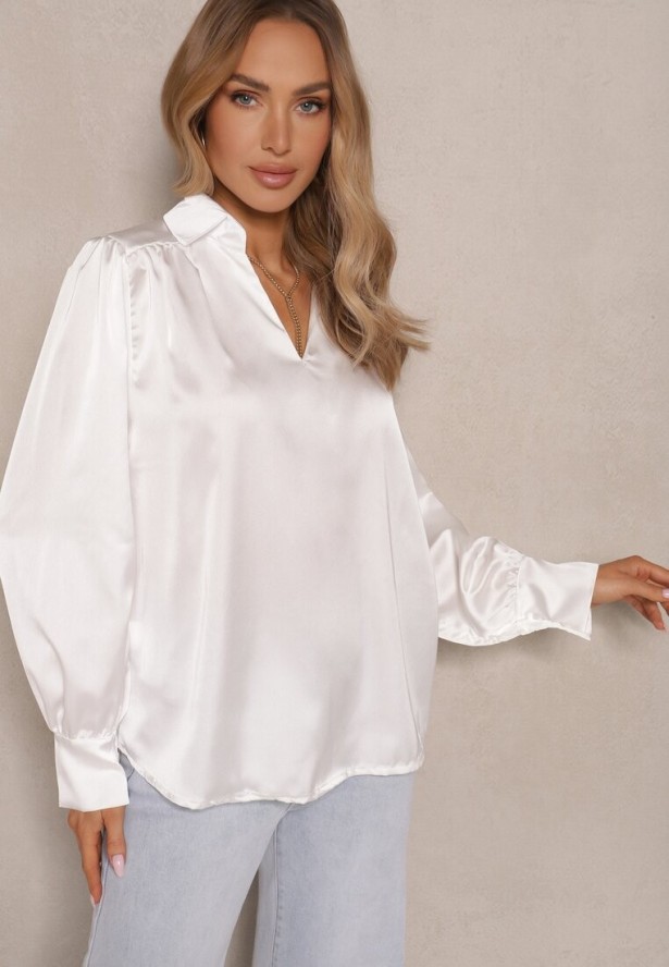 Biała Bluzka z Kołnierzykiem i Ozdobnym Marszczeniem Ariba