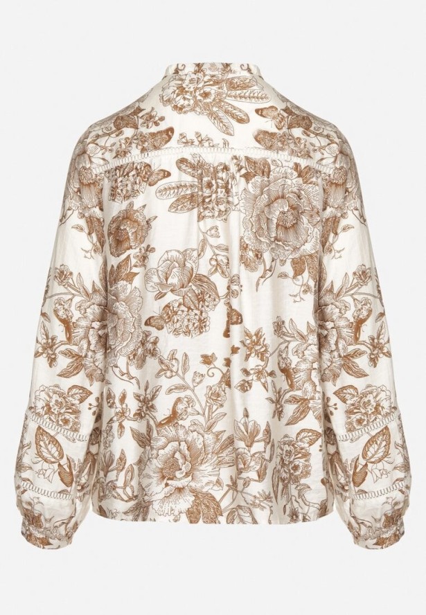 Beżowa Koszula z Wiskozy z Bufiastymi Rękawami w Kwiatowy Wzór Melhanor