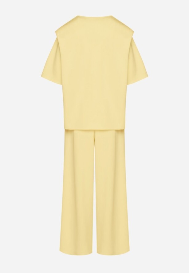 Żółty Komplet z Wiskozą Szerokie Spodnie i Bluzka z Dekoltem w Serek Zeilora