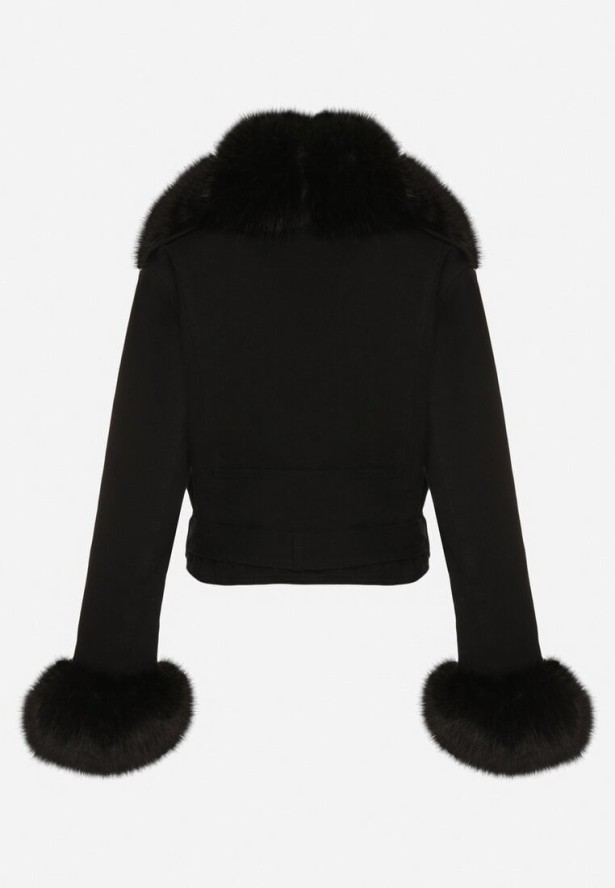 Czarna Ocieplana Kurtka Ramoneska z Futrem przy Kołnierzu i Rękawach Mevesala