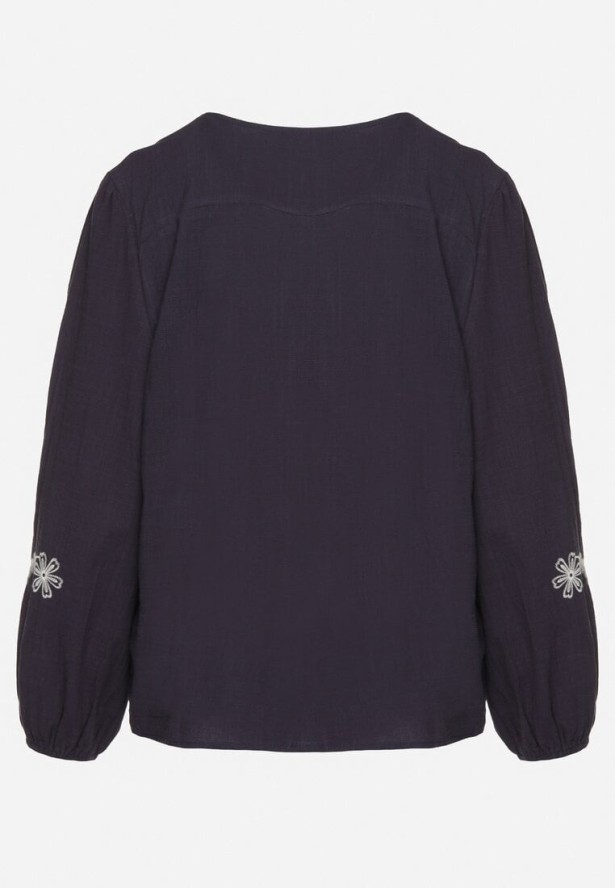 Granatowa Koszula z Wiskozą z Dekoltem w Serek i Kwiatowym Haftem Gonnavia