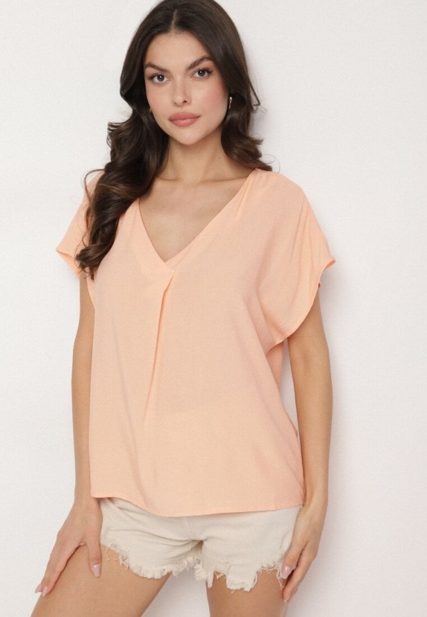 Pomarańczowa Wiskozowa Bluzka z Dekoltem w Serek Tilondia