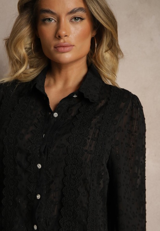 Czarna Koszula z Transparentnej Tkaniny z Koronką i Metalicznymi Przeszyciami Sepuria