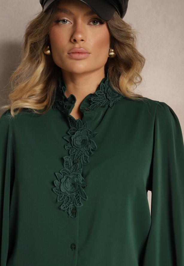 Ciemnozielona Koszula Ozdobiona Koronką i Stójką Zeanizia