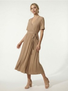 Sukienka midi z paskiem z modalem - beżowy