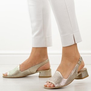 Złote S ażurowe skórzane Polskie sandały damskie na obcasie Deoni D521A