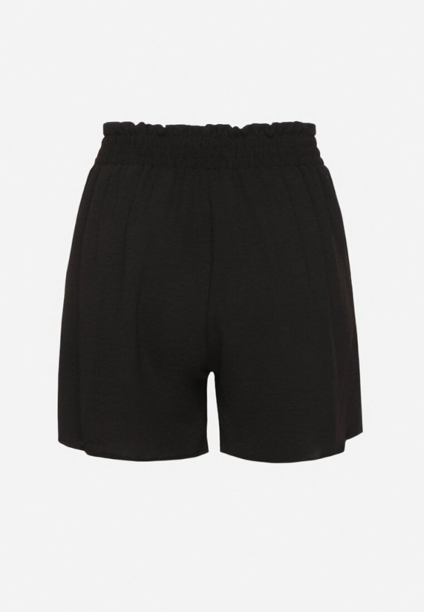 Czarne Szorty z Wysokim Stanem i Gumką w Talii Zdobione Wiązaniem Mevalica