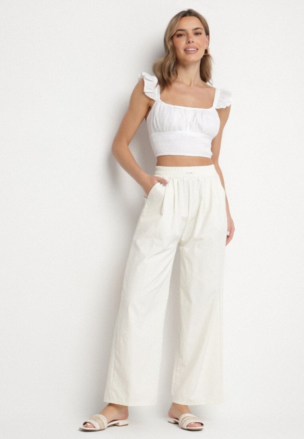 Jasnobeżowe Szerokie Spodnie z Bawełną Wysokim Stanem i Naszywką Nannirea